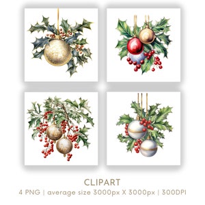 Clipart de acebo y adornos navideños, acuarela, clipart PNG, conjunto de 4, Navidad, uso comercial, manualidades de papel, descarga digital instantánea