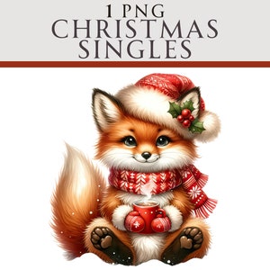 Clipart renard de Noël PNG, renard d'hiver mignon avec mug et bonnet de Noel, graphique en sublimation de vacances, art animalier confortable, fichier numérique 300 DPI