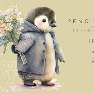 Pinguin mit Blumen Clipart , Frühling Clipart , Gänseblümchen Clipart , Ostern Clipart , Frühling Einladen Clipart , Blumen Clipart-Kinderzimmer