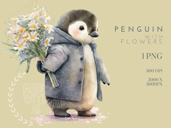 Penguin With Daisy Bouquet Clipart: Spring Nursery PNG (digital