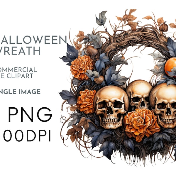 Skull Halloween Wreath, Gothic Single Image Clipart PNG for Commercial Use, Watercolor Spooky , Transparent PNGs, Invite Crafting