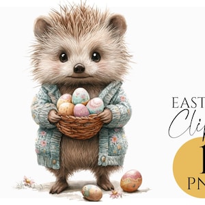 Hérisson de Pâques Clipart PNG, hérisson des bois mignon avec panier, animal printanier aquarelle, Illustration Cottagecore confortable, téléchargement numérique
