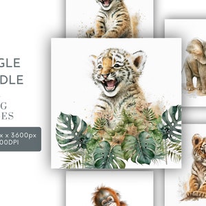 Jungle Bundle Clipart JPG, Clipart animali della giungla, Greenery Watercolor Wall Art Uso commerciale Download digitale istantaneo