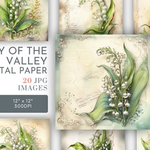 Muguet vintage arrière-plans numériques, papiers carrés floraux, pages de journal florales cartes de scrapbooking printanier cadeaux usage commercial JPG
