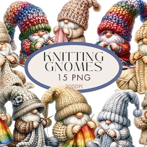 Stricken Wichtel Clipart PNG Bundle, Handwerk Gonk Wolle Stricknadeln Aquarell Clipart für kommerzielle Nutzung, digitaler Sofort Download