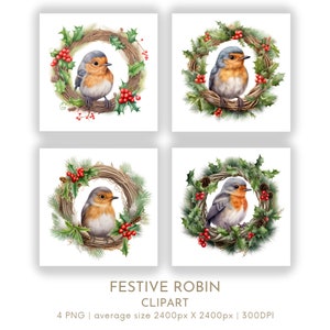 Ensemble festif de cliparts Robin, couronne d'oiseaux de Noël PNG, Art de vacances Robin pour cartes, sublimation, autocollants, scrapbooking, travaux manuels