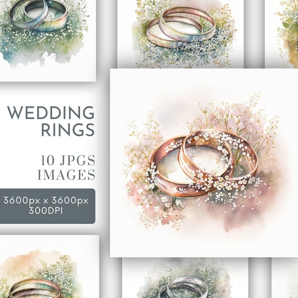 Wedding Rings Watercolor Clipart JPG Silver Gold Rose Gold Wedding Bands, Watercolor Card Making Commercial Use Digital Instant Download