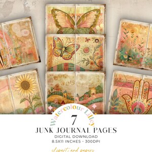 Diario digital Boho de 7 páginas, diario de arte hippie shabby chic, papel plegable digital, hoja de papel imprimible, manualidades de papel, 11 x 8,5 JPG, descarga BOJJ1