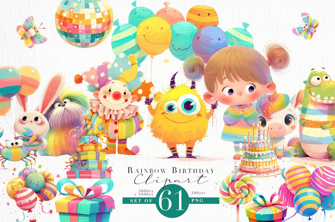 Birthday Clipart PNG Bundle, Big Bundle Rainbow Party Clipart ...