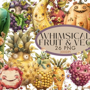 Skurril, Obst und Gemüse Aquarell Clipart PNG Bundle, lustig AVACado Rote Beete Junk Journal Kommerzielle Nutzung, Digital Sofort Download