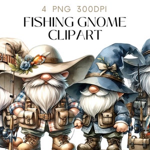 Fishing Gnome Clipart: Watercolor Illustration PNG Set (Digital Download)