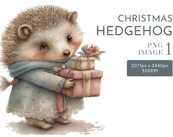 Christmas Hedgehog Watercolor Clipart PNG, Forest Animals Clipart, Nursery Clipart Commercial Use Clipart, Templett, Corjl & Canva Friendly