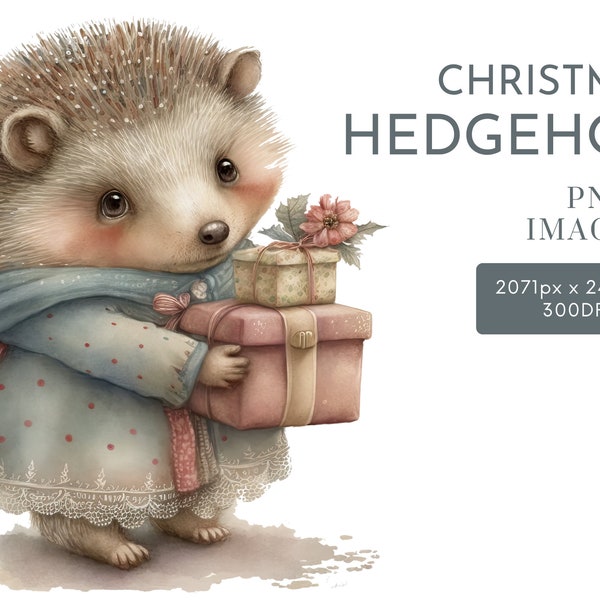 Hérisson de Noël aquarelle Clipart PNG, des cliparts animaux de la forêt, des cliparts pour chambre d'enfant à usage Commercial des cliparts, Templett, Corjl & Canva Friendly