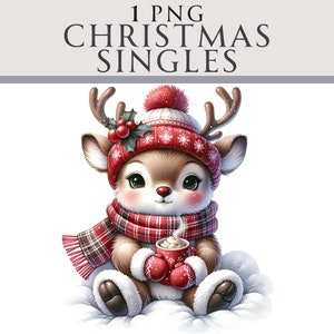 Cute Reindeer Clipart, Natal Cocoa Winter PNG, Ilustração de inverno, Ideal para cartões de felicitações, artesanato, berçário e criação de convites