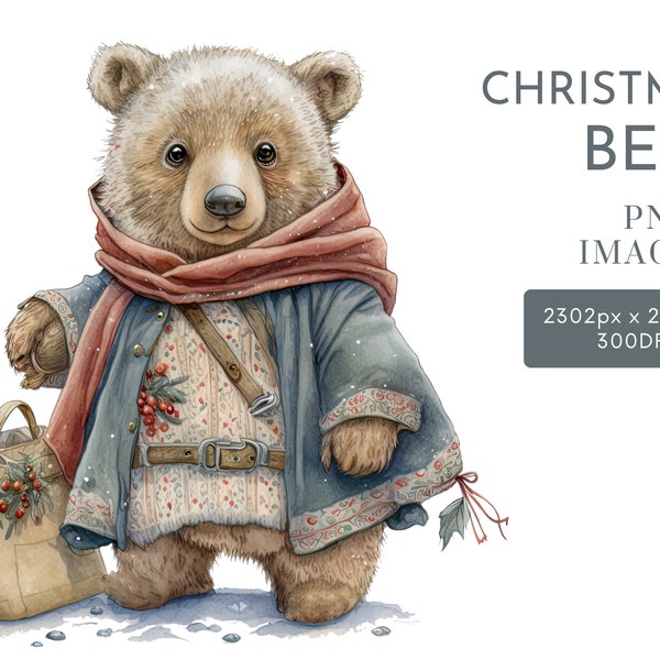 Christmas Bear Watercolor Clipart PNG, Forest Animals Clipart, Nursery Clipart Commercial Use Clipart, Templett, Corjl & Canva Friendly