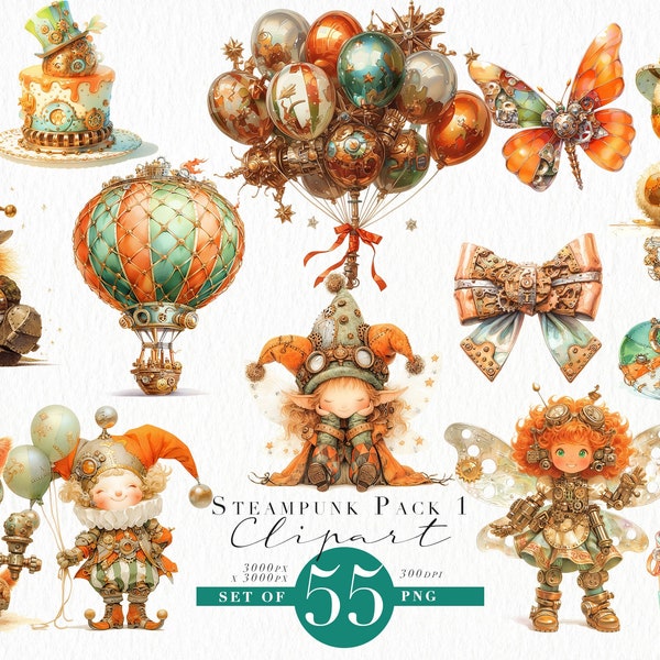 Steampunk Watercolor Clipart PNG Bundle  Big Bundle Steam Punk Clipart Commercial Use, Gnomes Balloons Girls Bows Digital Instant Download