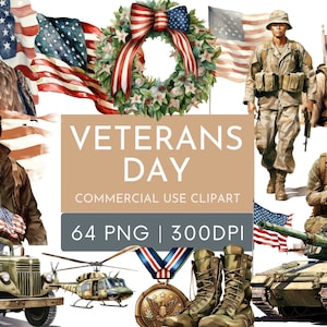 Clipart del Giorno dei Veterani - 64 PNG, Soldati Militari, Carri Armati, Aquile, Stivali da Combattimento con Bandiera Americana, Medaglie, Uso Commerciale, Scrapbooking, Inviti
