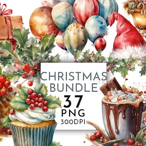 Christmas Watercolor Clipart PNG Bundle , Christmas Clipart for Commercial Use, Digital Instant Download