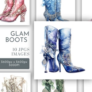 Clipart JPG aquarelle de bottes glamour, journalisation indésirable, bottes roses bleus blancs aquarelle fabrication de cartes usage Commercial téléchargement numérique instantané