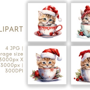 Set di clipart PNG acquerello gattino di Natale 4, clipart di Natale tazza da tè per uso commerciale, download istantaneo digitale di lavori di carta