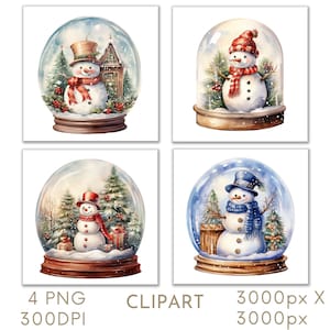 Christmas Snow Globe Watercolor Clipart PNG Set 4 , Snowglobe Xmas Clipart for Commercial Use, paper Crafts Digital Instant Download