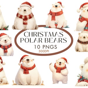 Christmas Polar Bear Watercolor Clipart PNG, Festive Santa Hat Polar bear Junk Journaling Scrapbook Commercial Use Instant Download