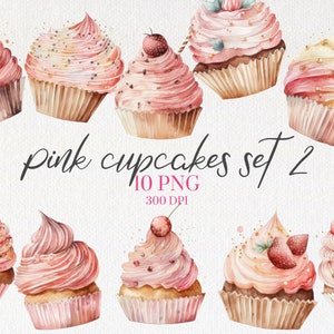 Cupcakes de cobertura rosa aquarela PNG, Clipart de culinária de padaria, Clipart de uso comercial, Templatett, Corjl e Canva Friendly