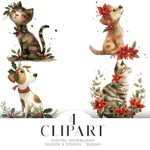 Conjunto de 4 ilustraciones de imágenes prediseñadas de perros y gatos navideños en acuarela, tarjetas de invitación, álbumes de recortes, diarios basura, descarga digital instantánea, uso comercial