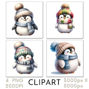 クリスマス ペンギン クリップアート イラスト 水彩画 PNG セット 4 クリスマス クリスマス 商用利用、ペーパークラフト デジタル インスタント ダウンロード