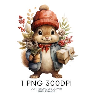 Clipart aquarelle écureuil festif de Noël PNG, des cliparts animaux de la forêt, des cliparts pour usage Commercial de Noël, Templett, Corjl & Canva Friendly