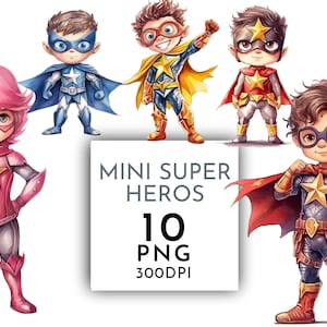 Mini Super Hero Kinder Aquarell Clipart PNG, Kostüm Kinder, Junk Journaling, Aquarell Kinderkostüme Kommerzielle Nutzung Sofort-Download