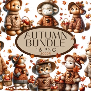 Pacote de clipart de outono PNG, filhote de urso de pelúcia gatinho leão elefante cordeiro clipart de aquarela de outono para uso comercial, download instantâneo digital