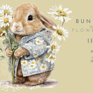 Bunny with Daisies Clipart , Nursery Spring Clipart , Daisy Clipart , Easter Clipart , Spring Bunny Clipart , Floral Clipart- Nursery