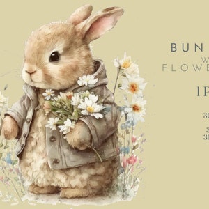 Kaninchen mit Blumen Clipart , Kinderzimmer Frühling Clipart , Gänseblümchen Clipart , Ostern Clipart , Frühling Hase Clipart , Blumen Clipart-Kinderzimmer