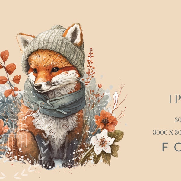 Winter Fox Clipart , Nursery Clipart , Floral Clipart , Fox watercolor Clipart , Card Making - Nursery