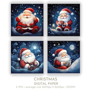 Conjunto de 4 papéis digitais do Pai Natal alegre JPG para fazer cartões de Natal, páginas de diário festivo, scrapbook, download instantâneo digital