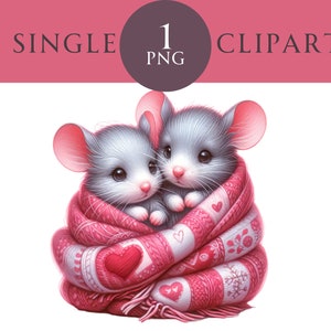 Imágenes prediseñadas de ratones de San Valentín, corazones juntos PNG, ilustración de invierno, ideal para tarjetas de felicitación, manualidades, guarderías e invitaciones