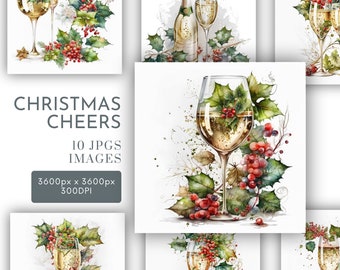 Champagne and Christmas Flowers Watercolor Clipart JPG, Poinsetta Berries Holly Watercolor Card Making Commercial Use Instant Download