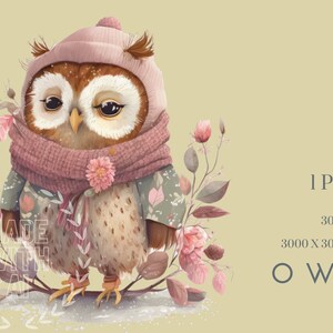 Hibou hiver Clipart PNG, animal des bois mignon avec bonnet et écharpe, 3000 x 3000 px, 300 DPI, art animalier de la forêt pour sublimation, cartes et autocollants