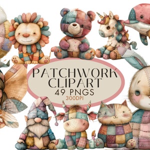 Patchwork Aquarell Clipart PNG Bundle, Teddy Kaninchen Kuh Gnom Fee Delfin Wal Junk Journal kommerzielle Nutzung, digitale Sofort Download