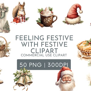 Christmas Watercolor Clipart PNG Bundle , Big Bundle Festive Clipart for Commercial Use, Holidays Digital Instant Download