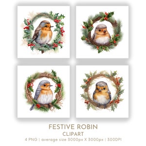 Ensemble de 4 cliparts aquarelle de Noël rouge-gorge, ensemble de 4, cliparts festifs de Noël pour un usage commercial, créations en papier téléchargement instantané numérique