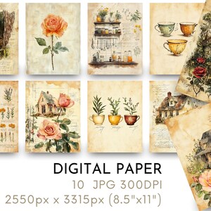Domy Cyfrowy papier Shabby Chic Art Journal Vintage Cyfrowy papier Róże Wydrukuj Arkusz papieru rzemieślniczego 8.5x11" Portret JPG Pobierz