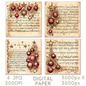 Papel digital con adornos navideños y música, papel digital 4 JPG, creación de tarjetas navideñas, páginas de diario basura, álbum de recortes, descarga digital instantánea
