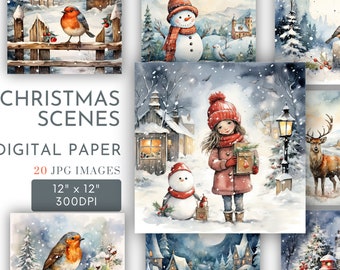 Christmas Scenes Papers Backgrounds Digital, Festive Square Papers, Journal Pages Holly Robin Baubles Scrapbook Cards Commercial Use JPG