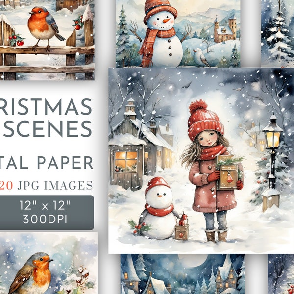 Christmas Scenes Papers Backgrounds Digital, Festive Square Papers, Journal Pages Holly Robin Baubles Scrapbook Cards Commercial Use JPG