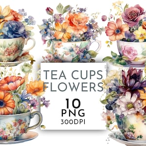 Tea Cups with Flowers Clipart PNG, Junk Journaling, Flower Watercolor Wall Art Commercial Use Digital Instant Download