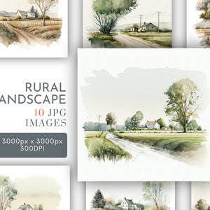 田舎の風景 水彩画 クリップアート JPG デジタル プランナー、ジャンク ジャーナリング、水彩画 商用利用 デジタル インスタント ダウンロード