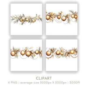 Christmas Garland with Gold Baubles Clipart Watercolor Clipart PNG Set 4 Christmas Xmas Commercial Use Paper Crafts Digital Instant Download