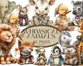 Cute Whimsical Animals Clipart PNG Bundle, Bunny Mouse Vintage Nursery Watercolor Clipart Commercial Use, Digital Instant Download